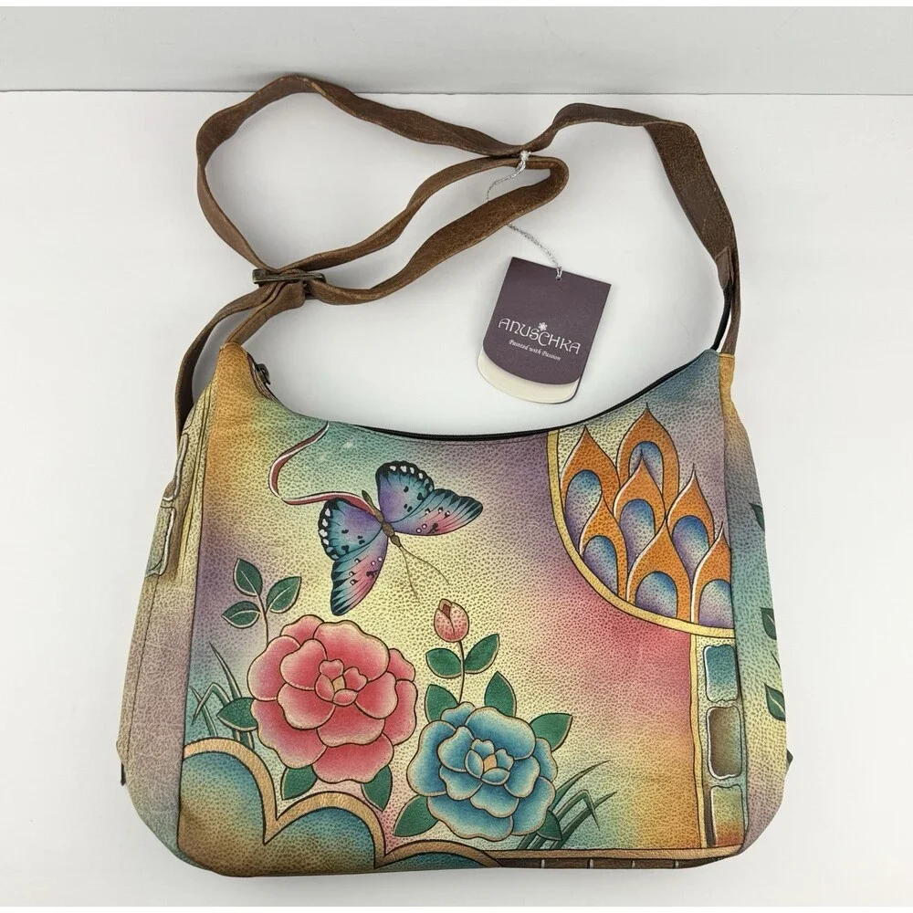 Anuschka Leather Handpainted Butterfly Floral Purse Handbag/Wristlet/Wallet NEW